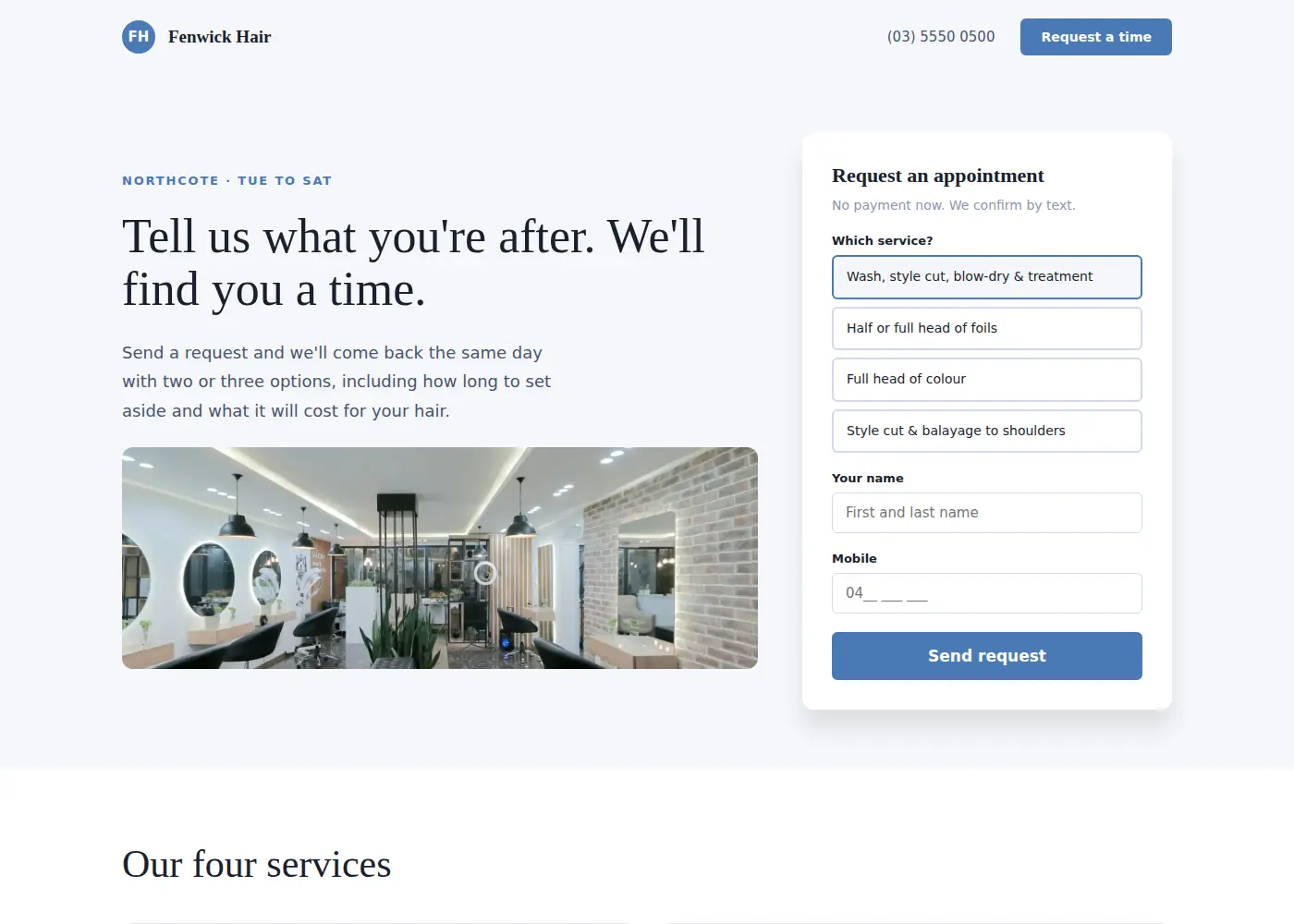 Fenwick Hair: Booking First hairsalon design example