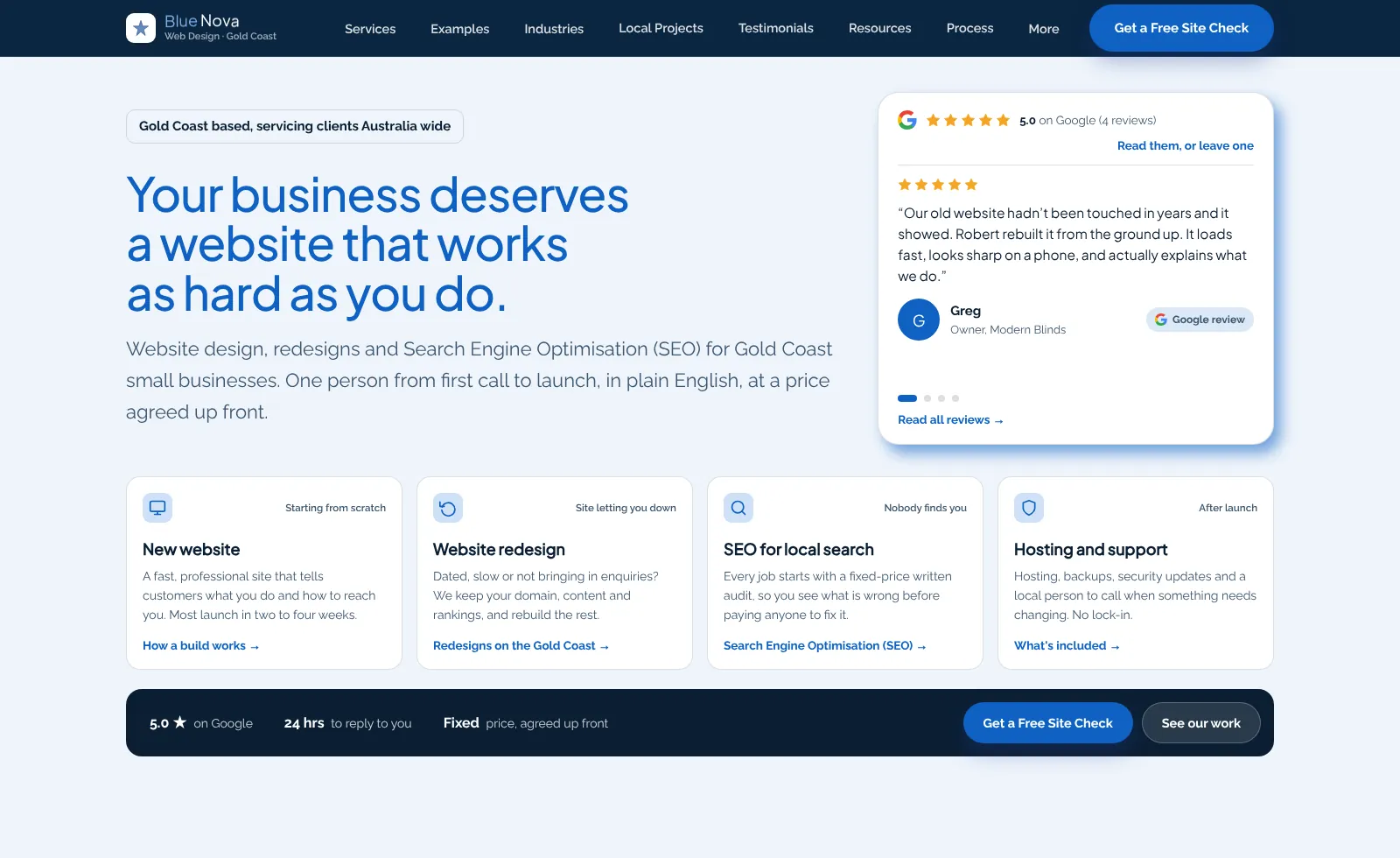 The redesigned Blue Nova homepage, a Google review beside the headline and four service cards underneath