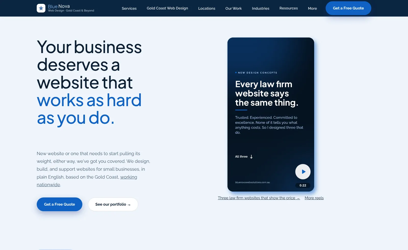 The old Blue Nova homepage, a large headline beside a video reel with no reviews on the first screen