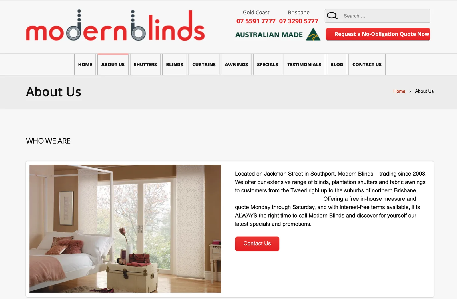 The old Modern Blinds About page: crowded header, small photo, dense text