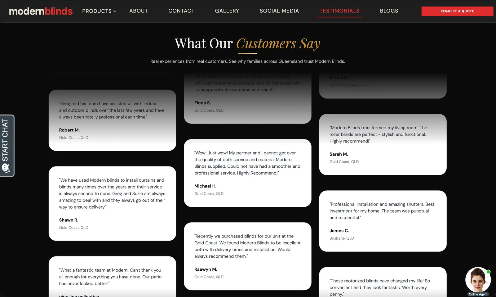 The redesigned Modern Blinds testimonials page, customer quotes laid out as cards on a dark background