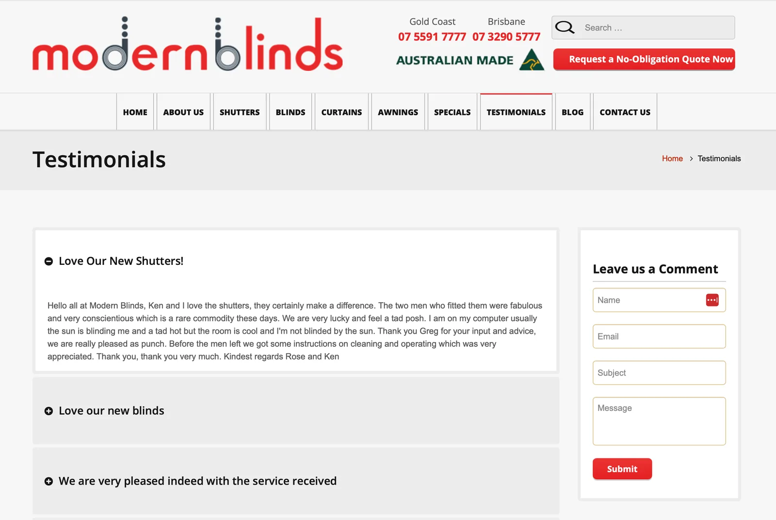 The old Modern Blinds testimonials page, reviews collapsed into an accordion beside a comment form