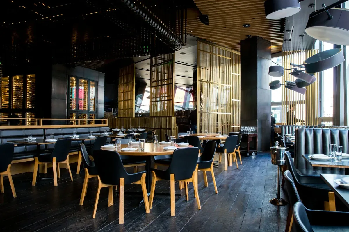 Dining room at dusk: wide, cool daylight